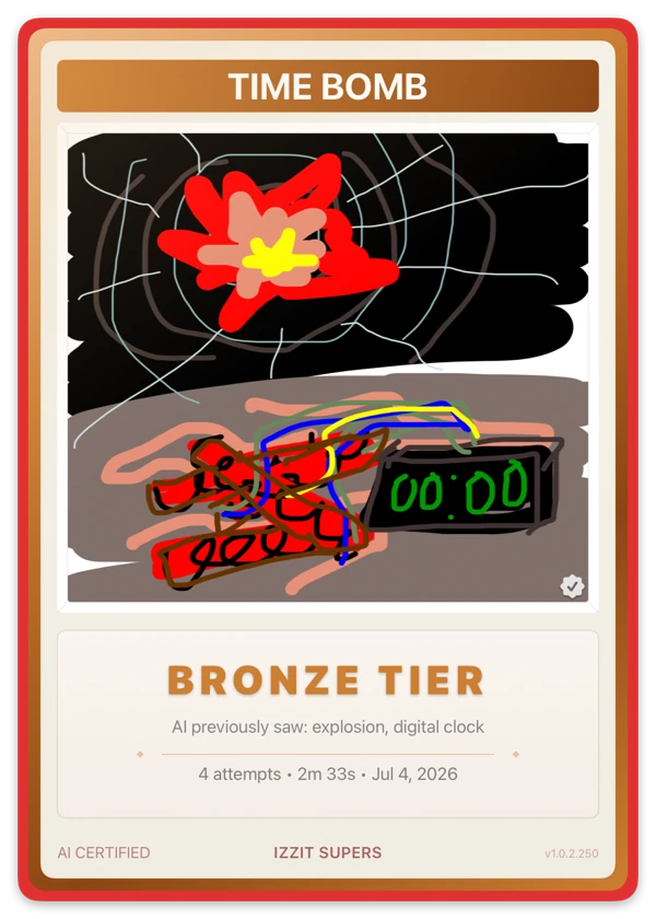 Bronze card from the Supers pack: TIME BOMB. AI previously saw: explosion, digital clock