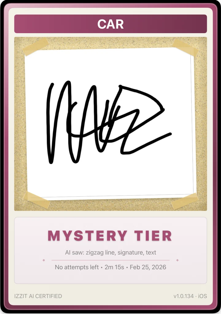 Mystery card for CAR: a scribble. AI saw: zigzag line, signature, text