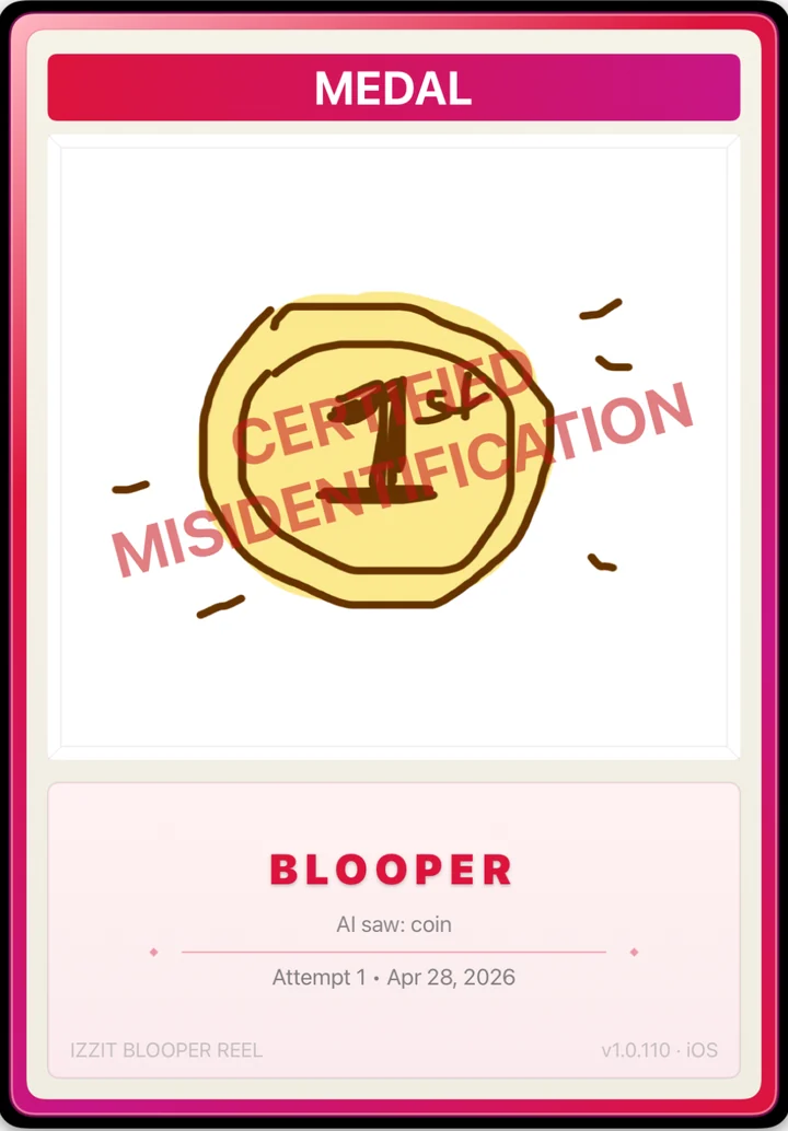 Blooper card for MEDAL, stamped CERTIFIED MISIDENTIFICATION. AI saw: coin. Attempt 1