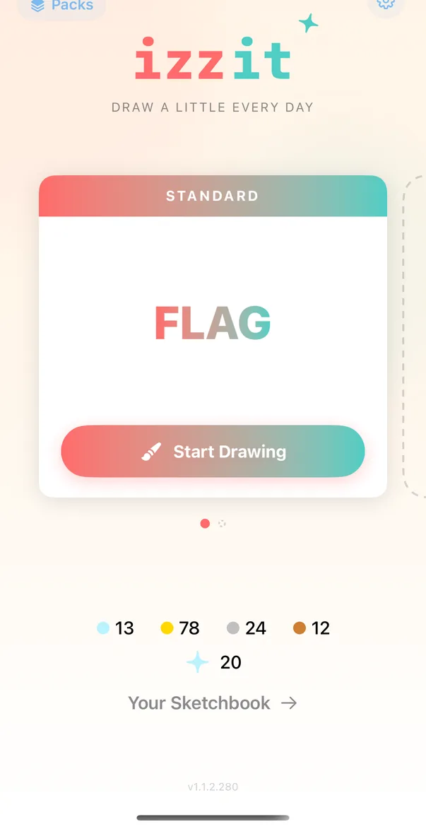 Home screen: today's challenge with a Start Drawing button