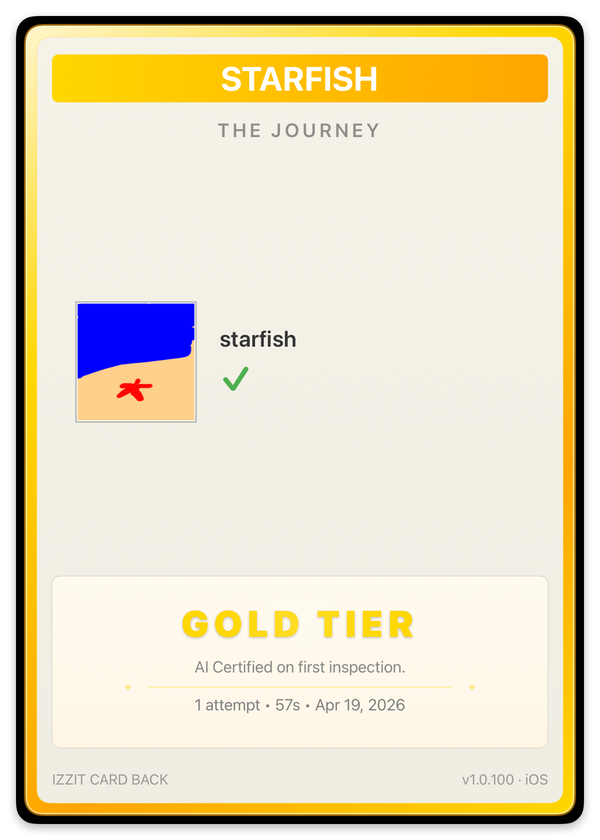 Gold card back — the journey: AI saw 'starfish' on first attempt