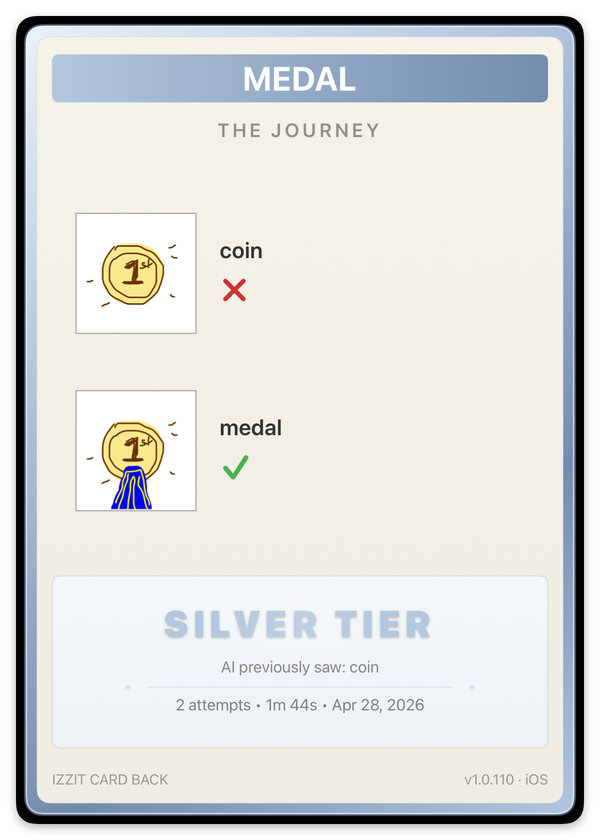 Silver card back — the journey: AI saw 'coin' then 'medal' on the second attempt